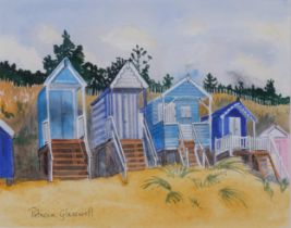 Patricia Glasswell (XX-XXI), watercolour on paper, Beach Huts, Norfolk, signed lower left, 18.5cm