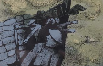 William Scott (1913-1989), original lithograph in colours on paper, Trench Attack, 13cm x 20.5cm,