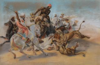 After Horace Vernet, lion hunt, 19th century coloured pastels, 70cm x 103cm, framed Slight paper