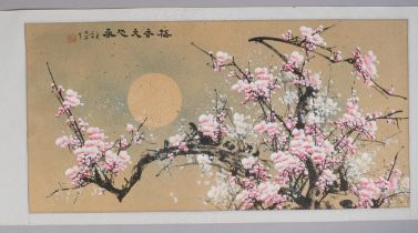 Chinese scroll painting, cherry blossom, silk surround, 127cm x 62cm Good condition