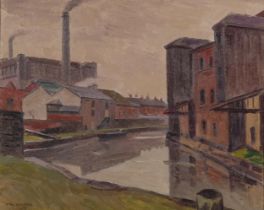 William Warden (1908 - 1982), industrial canal scene, oil on board, signed, 46cm x 56cm, framed,