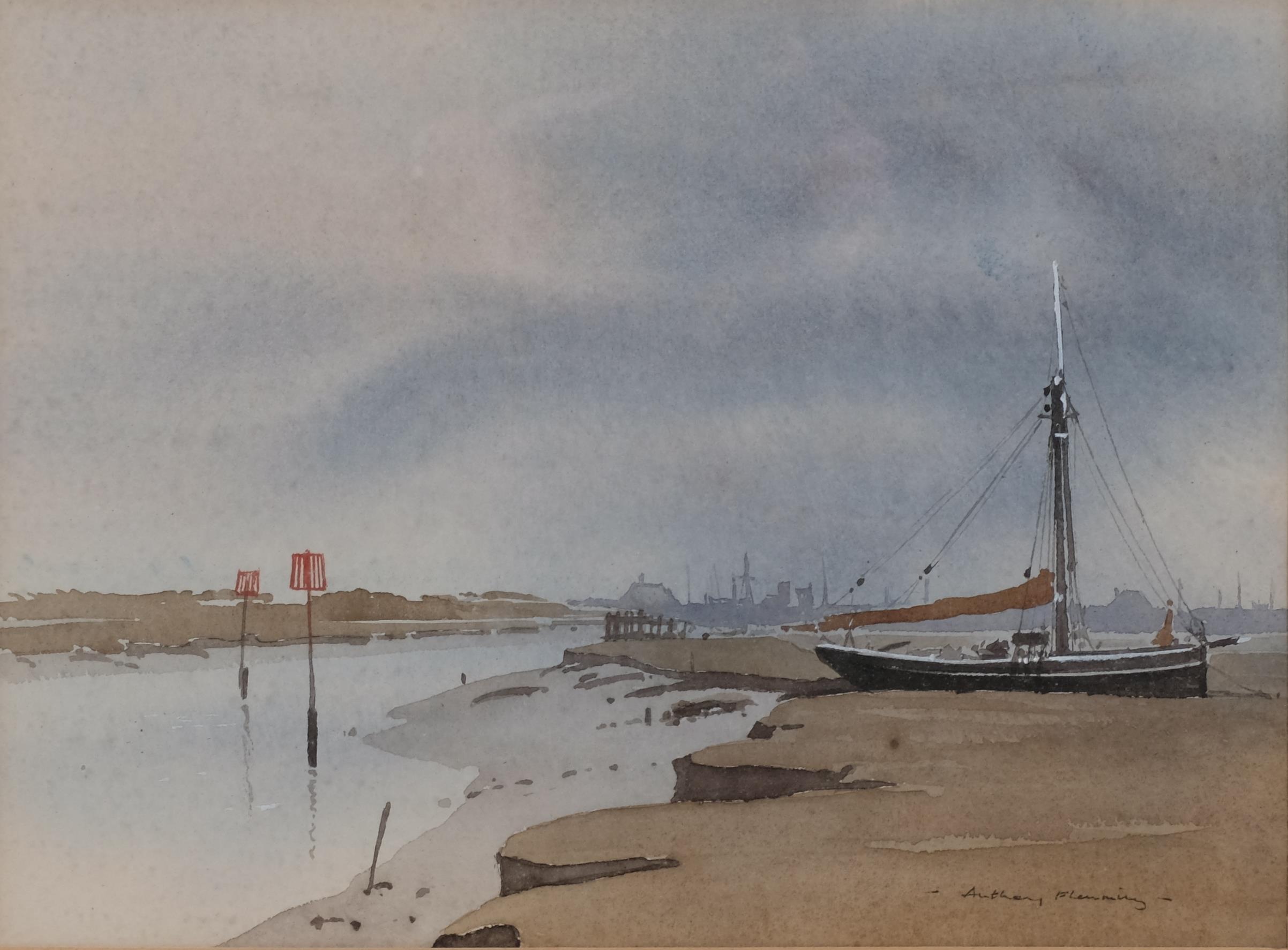 Anthony Flemming, estuary scene, watercolour, signed, 22cm x 31cm, framed Good condition - Image 2 of 4