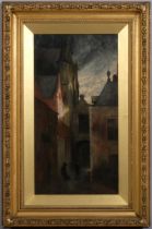 E Eieman, moonlit street scene, Bruges, 1876, oil on canvas, indistinctly signed, 51cm x 27cm,