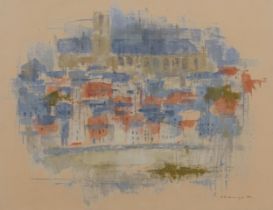 C l'Estrange, abstract townscape, watercolour, signed and dated '73, 39cm x 51cm, framed Even