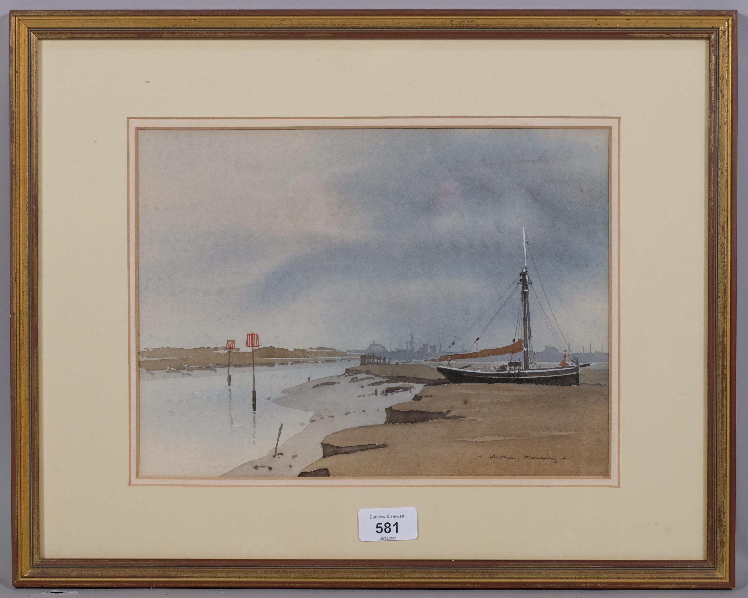 Anthony Flemming, estuary scene, watercolour, signed, 22cm x 31cm, framed Good condition
