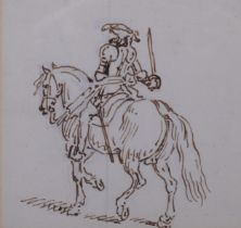 James Seymour (1702 - 1752), figure in armour on horseback, pen and ink, 15cm x 15.5cm, framed Faint