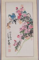 Chinese scroll, birds and blossom, image 45cm x 22cm