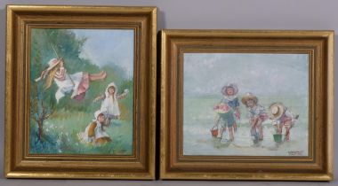 Margaret Palmer, pair of oils on board, children at the beach, and playing on a swing, signed,
