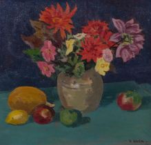 William Warden (1908 - 1982), still life, fruit and flowers, oil on canvas, signed, 40cm x 42cm,