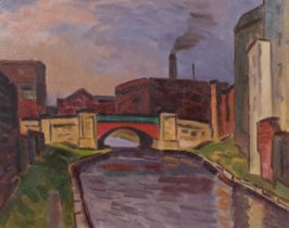 William Warden (1908 - 1982), industrial canal scene, oil on board, unsigned, 46cm x 56cm, framed,