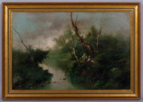 V Alleccy, anglers on a riverbank, oil on canvas, signed, circa 1900, 50cm x 76cm, framed Paint