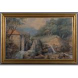 J C Thomas, watermill in Wales, circa 1860 - 1880, watercolour, signed, 29cm x 47cm, framed Paper