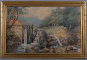 J C Thomas, watermill in Wales, circa 1860 - 1880, watercolour, signed, 29cm x 47cm, framed Paper