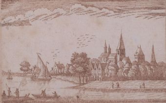 Samuel Ward (1710 - 1778), a riverside town, pen and ink, signed and dated 1774, 7.5cm x 12cm,