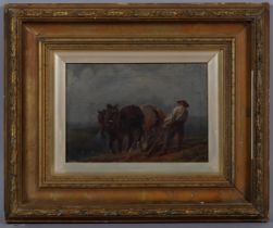 Blacklock farmer and horses, oil on wood panel, unsigned with collection label verso, 15cm x 21cm,