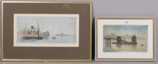 Michael Blaker, 2 coloured etchings, river scenes, signed in pencil, largest image 15cm x 33cm,