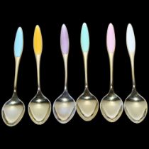 FRIGAST - a set of 6 Danish vermeil sterling silver and harlequin enamel coffee spoons, 9.5cm No