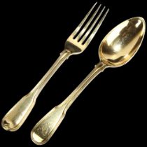 A George III silver-gilt Fiddle & Thread pattern fork and spoon, William Eley I & William Fearn,