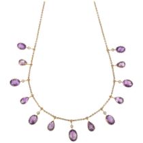 An Edwardian amethyst and split pearl fringe necklace, circa 1910, each offset drop claw set with