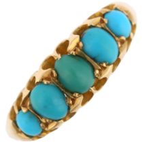 An early 20th century 18ct gold graduated five stone turquoise half hoop ring, maker TLM, Birmingham