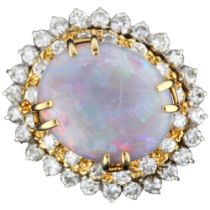 A late 20th century 18ct gold opal and diamond oval cluster ring, maker PS Ltd, import London