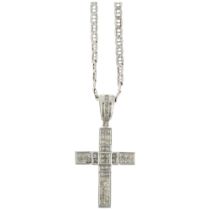 A modern 18ct white gold diamond cross pendant necklace, set with Princess-cut diamonds, total