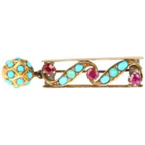 A Victorian ruby and turquoise openwork drop brooch, claw set with round-cut rubies and cabochon