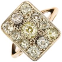 An Art Deco 18ct gold diamond cluster panel ring, pave set with old-cut diamonds, total diamond