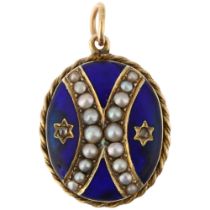 A Victorian split pearl diamond and blue enamel photo locket pendant, circa 1860, oval form with 2