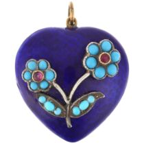 A fine ruby turquoise and blue enamel floral heart pendant, central floral motif on