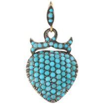 A fine turquoise heart drop pendant, pave set with round cabochon turquoise,