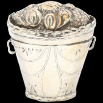 A late 19th century Dutch silver basket Loderein box (vinaigrette), with relief embossed floral