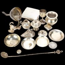 Various silver and white metal, including cigarette box, Egyptian miniature oil lamp, 1780 coin, etc