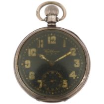 WALTHAM - a silver open-face keyless pocket watch, black enamel dial with Arabic numerals, cathedral