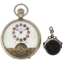 HEBDOMAS - a nickel-cased open-face keyless pocket watch, white enamel dial with purple enamel Roman