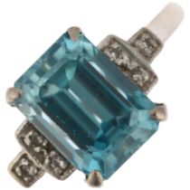 An Art Deco 18ct white gold blue zircon and diamond ring, claw set with octagonal step-cut zircon