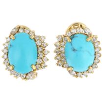 A pair of 18ct gold turquoise and diamond oval cluster earrings, claw set with oval cabochon