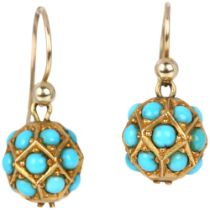 A pair of Victorian turquoise faceted ball drop earrings, set with round cabochon turquoise, with