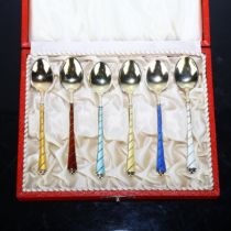 EGON LAURIDSEN - a set of 6 Danish vermeil sterling silver and harlequin enamel coffee spoons, 9.5cm