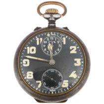 ZENITH - a First World War Period gun-metal open-face keyless alarm pocket watch, black dial with