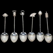 A set of 6 Japanese sterling silver coffee spoons, each with novelty terminal, including well