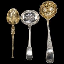 3 Antique silver spoons, comprising George III berry sifter spoon, George III Fiddle sifter spoon,