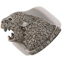 A large 18ct white gold diamond panther head ring, pave set with round brilliant-cut diamonds,