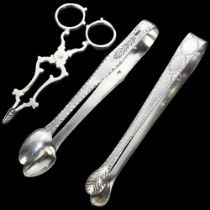 Various Antique silver, including pair of Scottish silver sugar tongs, 18th century sugar tongs,