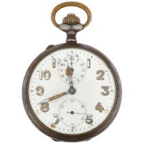 A First World War Period gun-metal open-face keyless alarm pocket watch, white enamel dial with