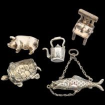 Various miniature novelty silver items, including pig, tortoise box, kettle fob, etc (5) General