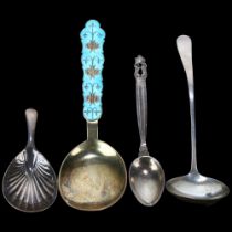 4 silver spoons, including George III tea caddy spoon, Georg Jensen Danish Kongens coffee spoon,