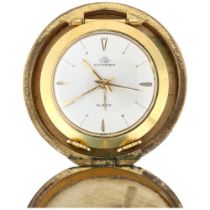 BUCHERER - an Art Deco style Swiss gold plated keyless alarm travelling bedside clock, circa