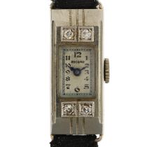 RECORD - a lady's Art Deco 18ct white gold diamond cocktail mechanical wristwatch, silvered dial