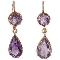 A pair of Edwardian amethyst drop earrings, cut-down collet set with pear and round-cut amethysts